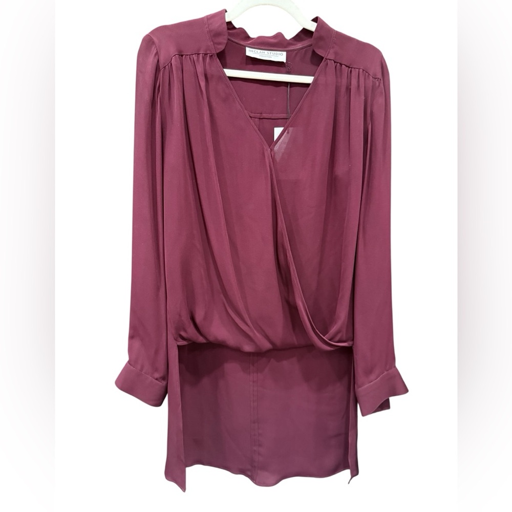 NWT Inclán Studio‎ 100% Silk Blouse Draped Surplice Top Burgundy Luxe Designer